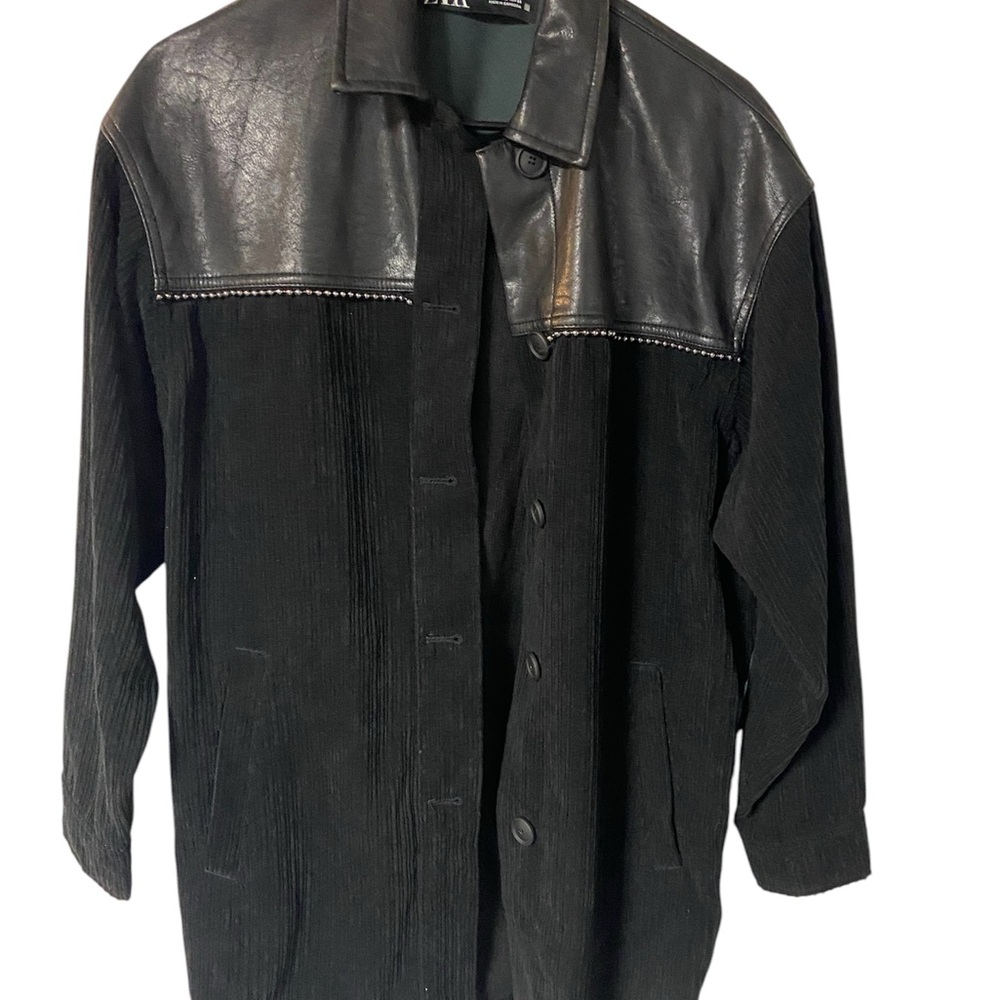Zara Black Lightweight Shirt Jacket with faux Leather Accents preowned